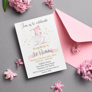 Watercolor Svan Princess 1:a Birthday Party Inbjudningar