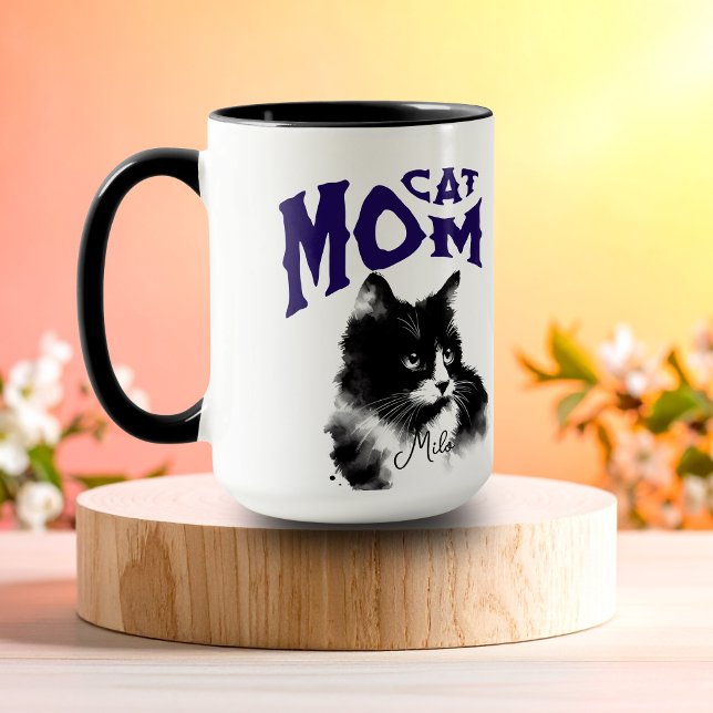 Watercolor Svart KATTMAMMA Personlig Mugg (Watercolor cat with SCRIPT Writing to add your personal cats name.)