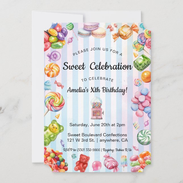 Watercolor Sweet Firande Candy Barn Birthday Inbjudningar (Framsida)
