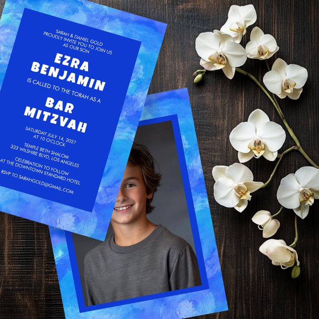 Watercolor Swirls Anpassningsbar PHOTO Pub Bat mit Inbjudningar (Watercolor Swirls Custom PHOTO Bar Bat Mitzvah Invitation
)