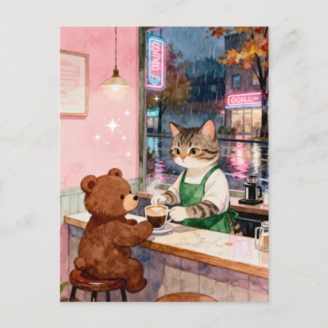 Watercolor Tabby Cat Barista Serving Bear Vykort (Framsida)