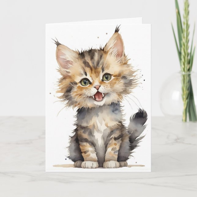 Watercolor Tabby Kitten Birthday Kort (Framsida)