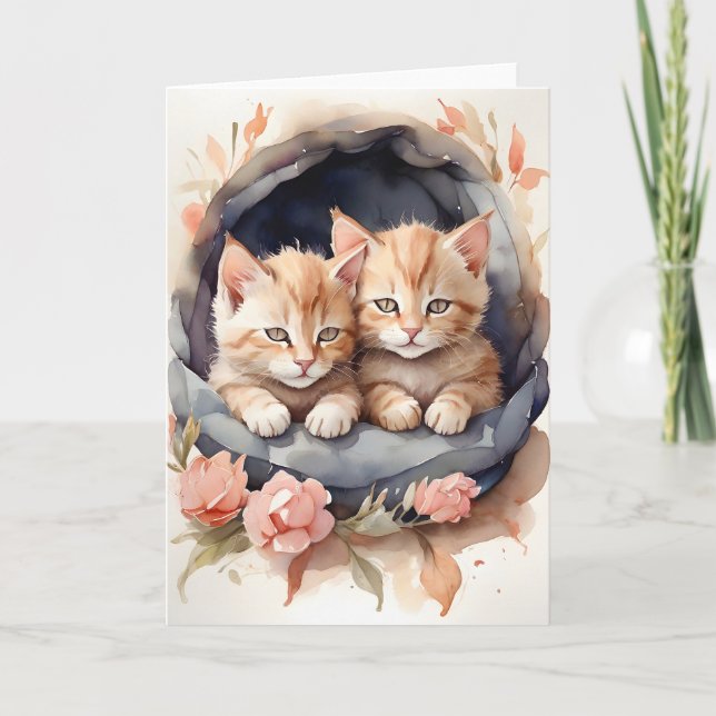 Watercolor Tabby Kittens Brothers Flowers Blank Kort (Framsida)