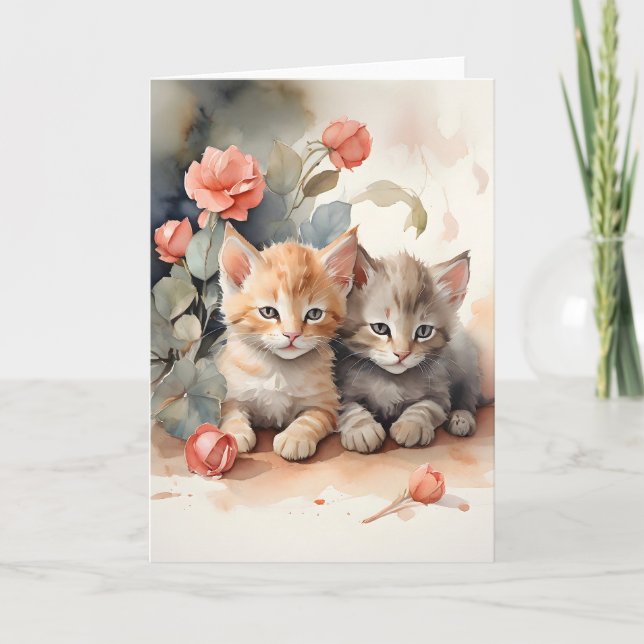 Watercolor Tabby Kittens Snuggling Flowers Blank Kort (Framsida)