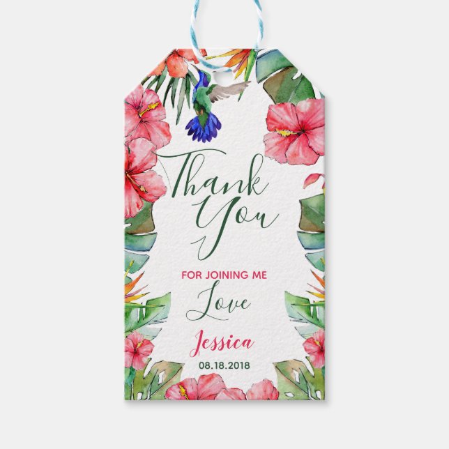 Watercolor Tack för hawaiisk Blommigt Presentetikett (Framsidan)