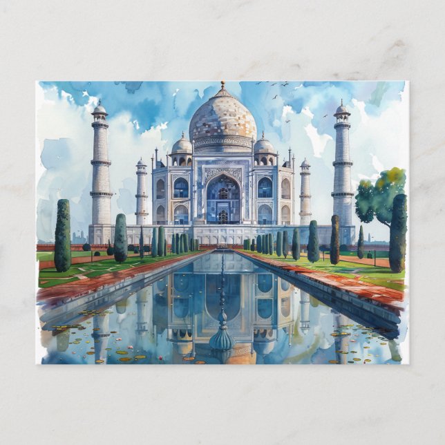 Watercolor Taj Mahal India Landmark Vykort (Framsida)