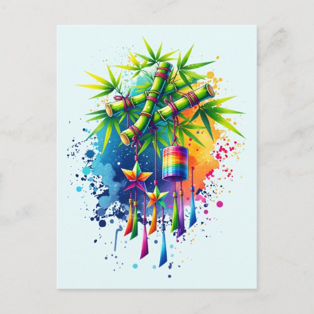 Watercolor Tanabata Träd Vykort (Framsida)