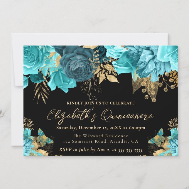 Watercolor Teal and Guld Flowers Quinceanera Inbjudningar (Framsida)