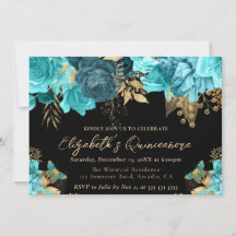 Watercolor Teal and Guld Flowers Quinceanera