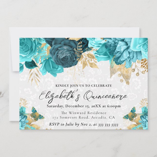 Watercolor Teal and Guld Flowers Quinceanera Inbjudningar (Framsida)