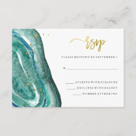 Watercolor Teal Geode och Faux Guld Bröllop OSA Kort
