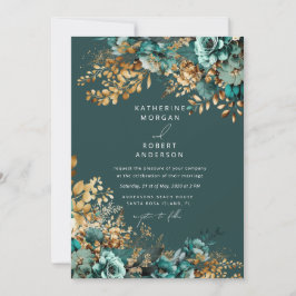 Watercolor Teal Guld Blommigt Bröllop Inbjudningar