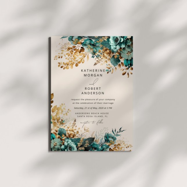 Watercolor Teal Guld Blommigt Bröllop Inbjudningar (Skapare uppladdad)