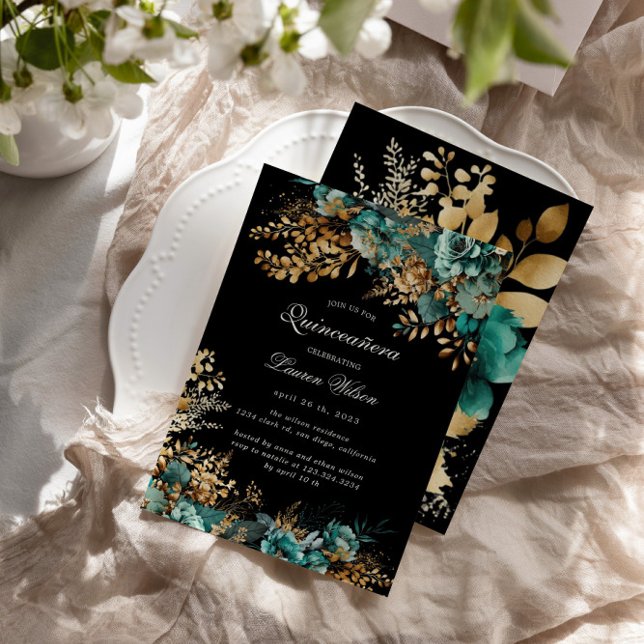 Watercolor Teal Guld Blommigt Quinceanera Inbjudningar (Skapare uppladdad)