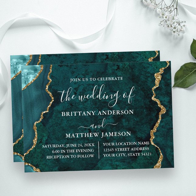 Watercolor Teal Marble Guld Bröllop Inbjudningar (Customize to change text size, text style or to add more text to back of card.)
