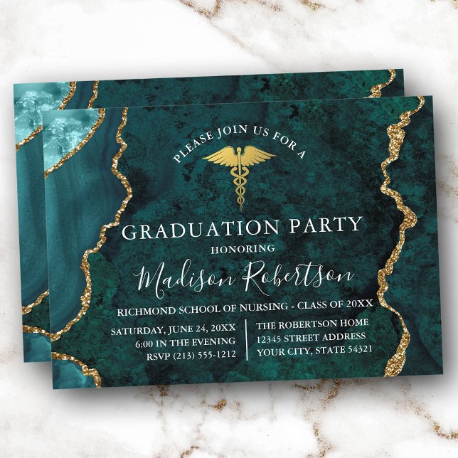 Watercolor Teal Marble Guld Medical Grad Party Inbjudningar (Customize to add text or a photo to back of card.)