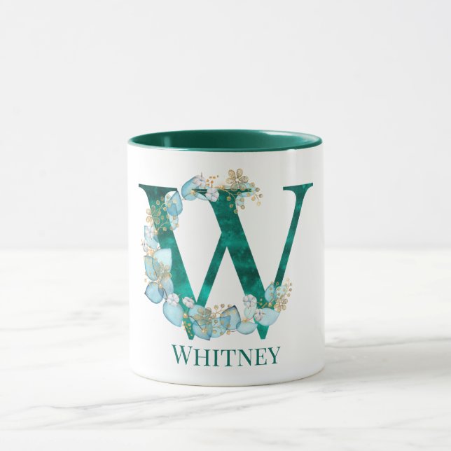 Watercolor Teal och Guld Monogram Brev W Mugg (Center)