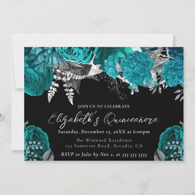 Watercolor Teal och Silver Ro Quinceanera Inbjudningar (Framsida)