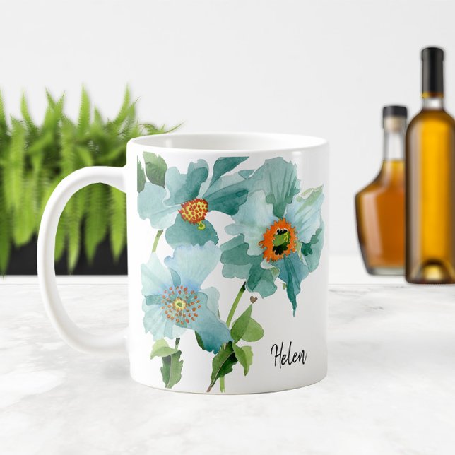 💦 Watercolor Teal Poppies Namn eller Monogram Kaffemugg (💦 Watercolor Teal Poppies Name or Monogram Coffee Mug
)