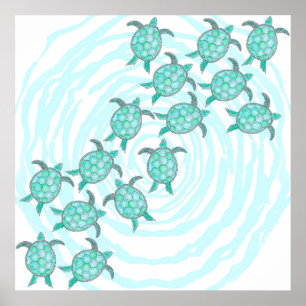 Watercolor Teal Sea Turtles on Swirly Stripes Poster
