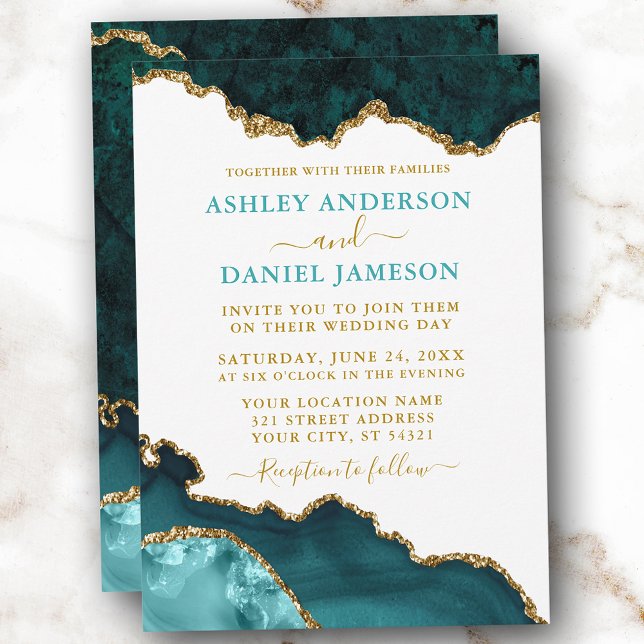 Watercolor Teal White Guld Geode Marble Bröllop Inbjudningar (Customize to change text size, color or text style.)