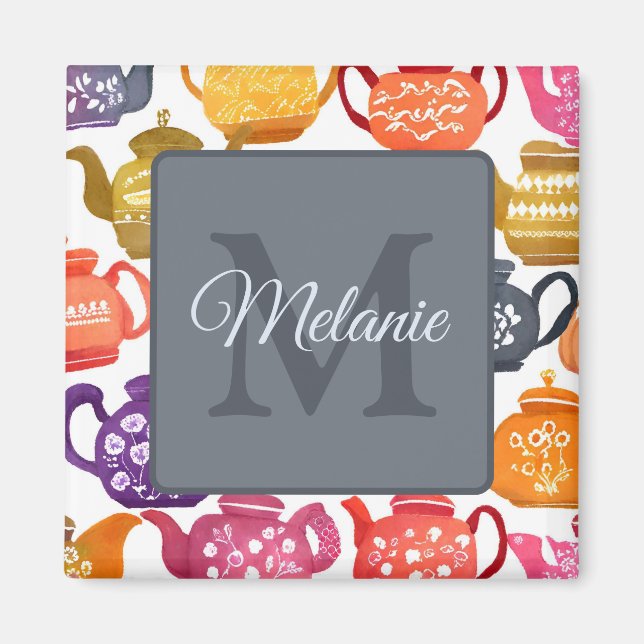 Watercolor Teapot Pattern Peronalised Monogram Magnet (Framsidan)