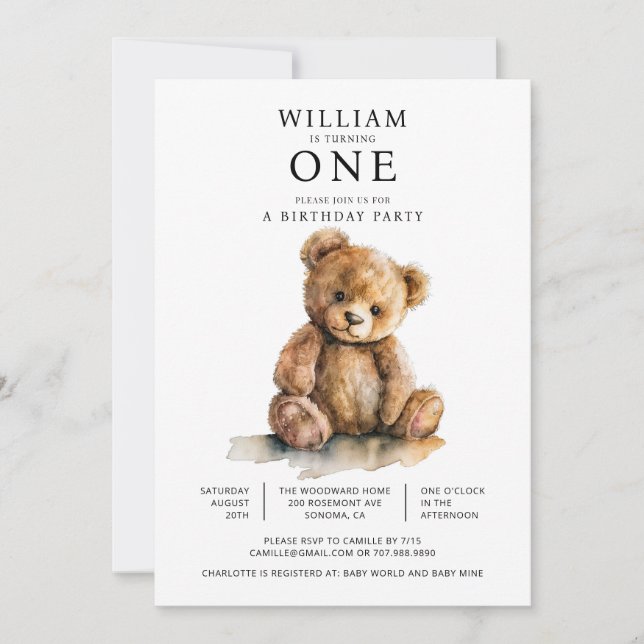 Watercolor Teddy Bear 1st Birthday Party Inbjudningar (Framsida)