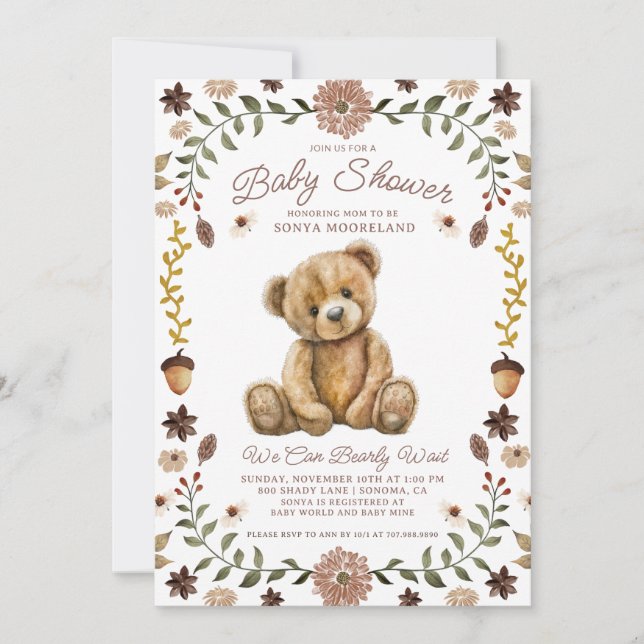 Watercolor Teddy Bear Baby Shower Inbjudningar (Framsida)