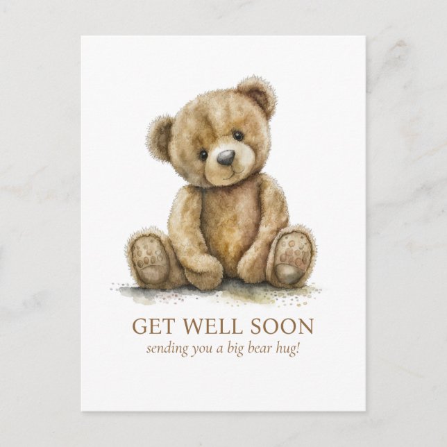 Watercolor Teddy Bear Get Well Vykort (Framsida)