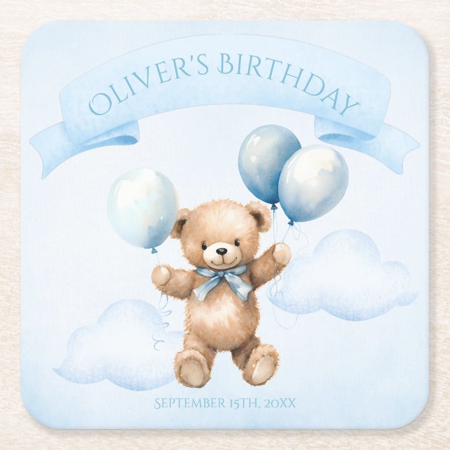 Watercolor Teddy Bear & Gift First Birthday Underlägg Papper Kvadrat (Framsidan)