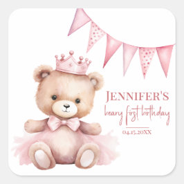 Watercolor Teddy Bear Girl 1st Birthday Stickers Fyrkantigt Klistermärke