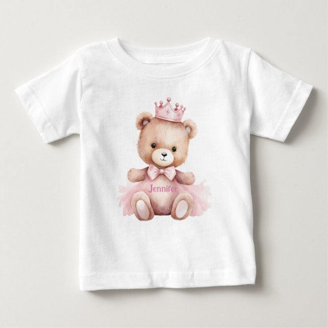 Watercolor Teddy Bear Girl 1st Birthday T Shirt (Framsida)