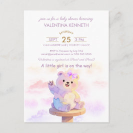 Watercolor Teddy Bear Girl Baby Shower Invitation Vykort