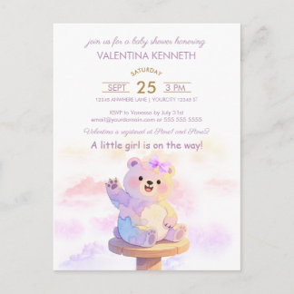 Watercolor Teddy Bear Girl Baby Shower Invitation Vykort