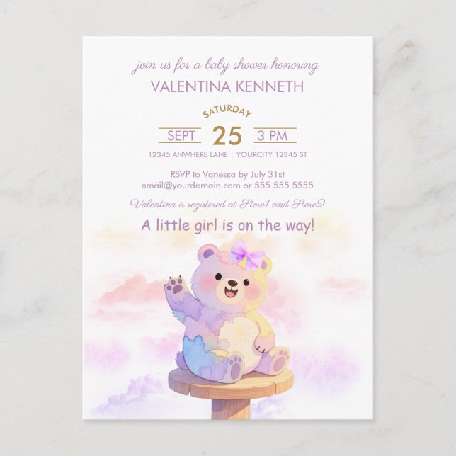 Watercolor Teddy Bear Girl Baby Shower Invitation Vykort (Framsida)