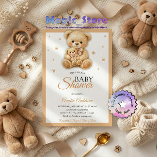 Watercolor Teddy Bear Mommy Cub Paws Baby Shower Inbjudningar