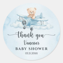 Watercolor Teddy Bear Pilot Baby Shower Thank You Runt Klistermärke