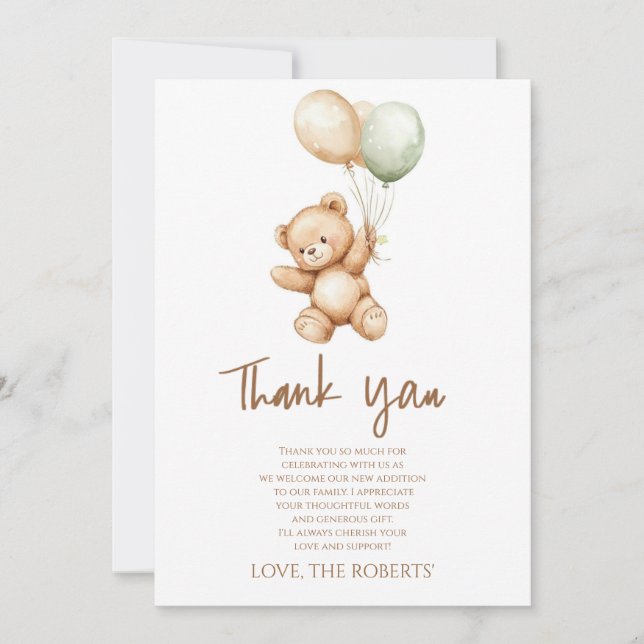 Watercolor Teddy Bear Thank You Card Tack Kort (Framsida)