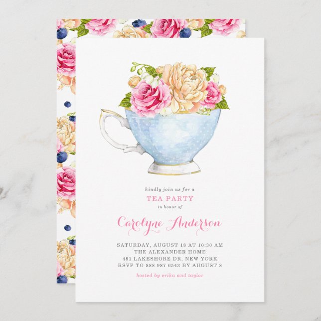 Watercolor Tekopp Bouquet Flowers Tea Party Inbjudningar (Fram/baksida)
