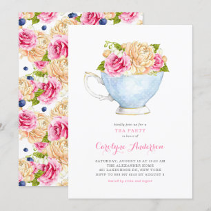 Watercolor Tekopp Bouquet Flowers Tea Party Inbjudningar