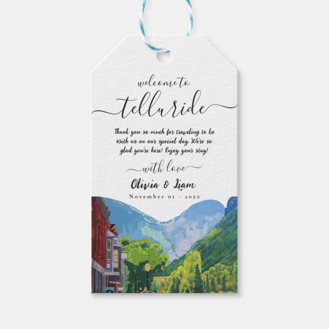 Watercolor Telluride Colorado Mountain Bröllop Presentetikett (Framsidan)