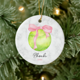 Watercolor Tennis Boll ft Preppy Rosa Coquette Bow Julgransprydnad Keramik