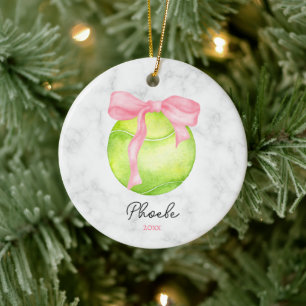 Watercolor Tennis Boll ft Preppy Rosa Coquette Bow Julgransprydnad Keramik