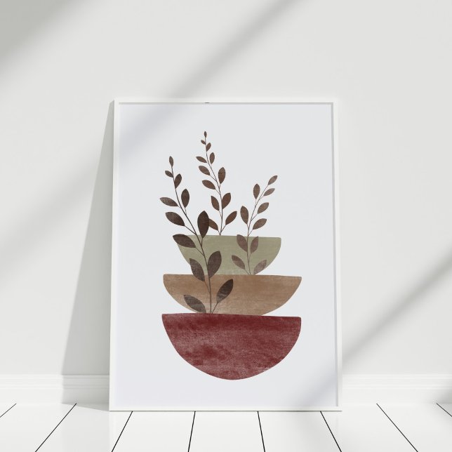 Watercolor Terracotta Abstrakt Blommigt Pots Art Poster (Watercolor Terracotta Abstract Floral Pots Art Poster in white frame  against white wall.)