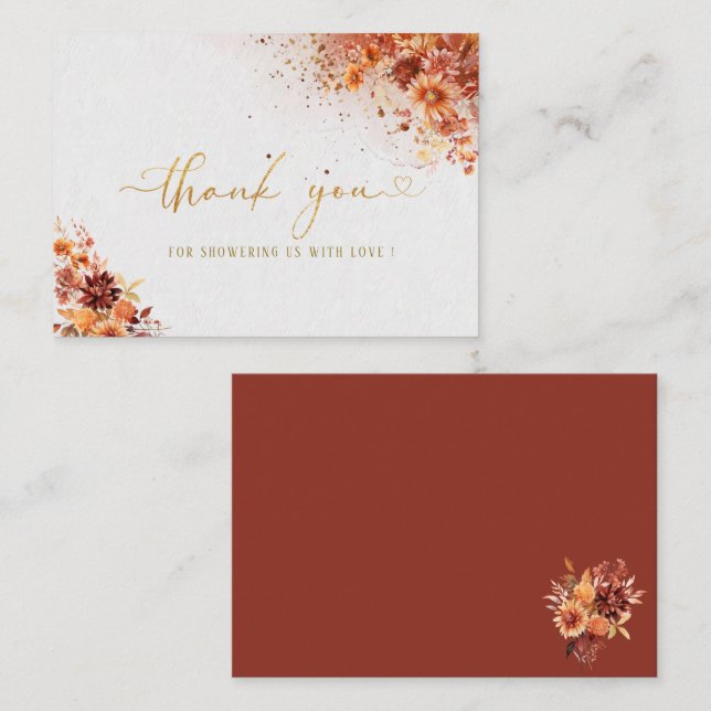 Watercolor terracotta blommigt guld tack anteckningskort (Fram/baksida)