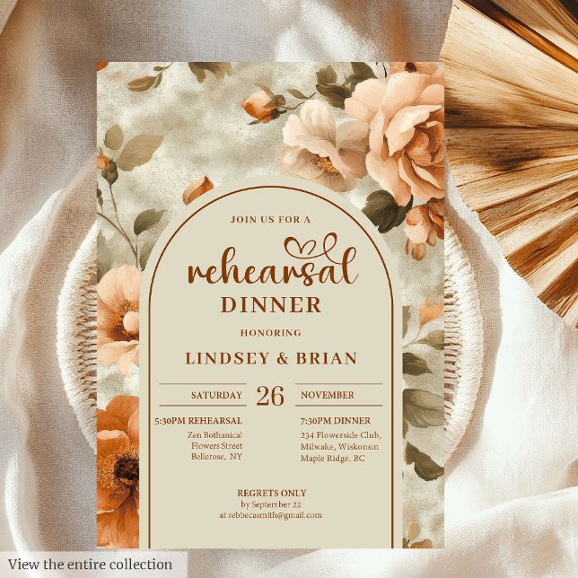 Watercolor Terracotta Floral Wedding Rehearsal Inbjudningar (Watercolor Terracotta Olive Floral Wedding Rehearsal Invitation)