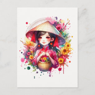 Watercolor Tet Girl Helg Vykort