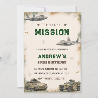 Watercolor Top Secret Military Mission Birthday Inbjudningar