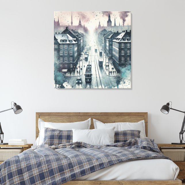 Watercolor Top Street View med Tram Linjer Canvastryck (Insitu (sovrum))