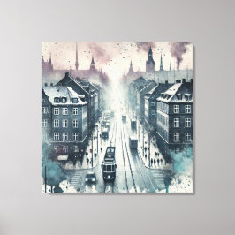 Watercolor Top Street View med Tram Linjer Canvastryck
